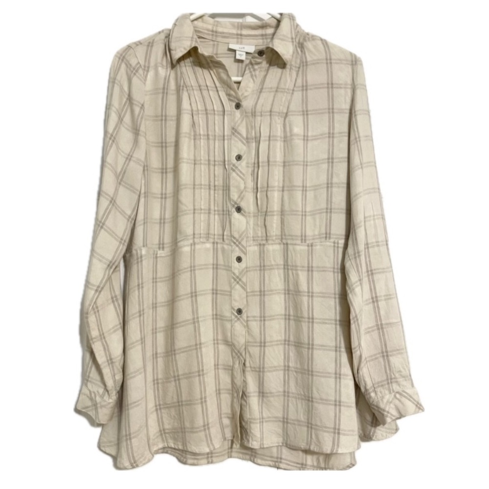 J Jill Cream Plaid Pintucked Blouse